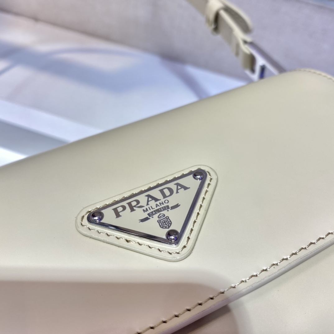 Prada Cleo Brushed Leather Shoulder Bag With Flap Beige 1BD303